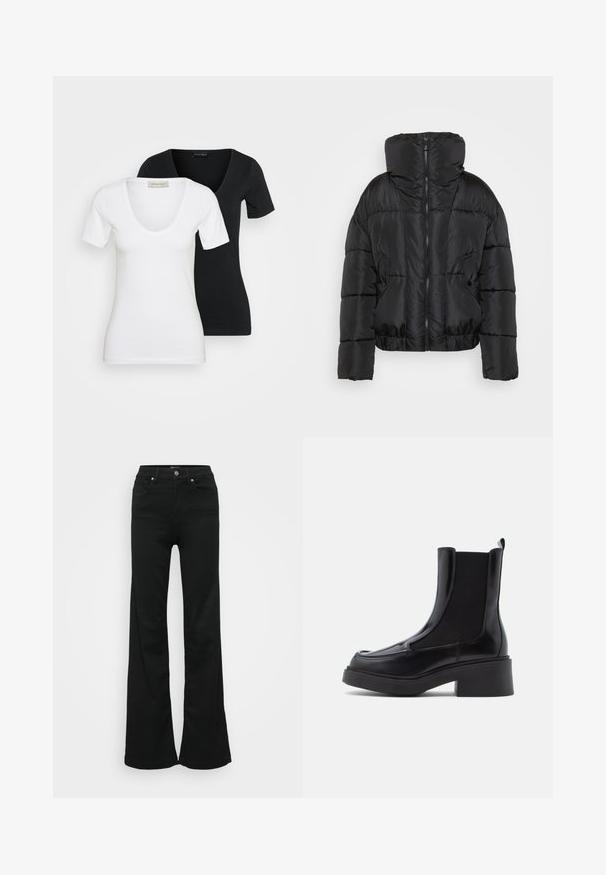 Svart puffjakke med høy krage, glidelås og to frontlommer. Har en cropped silhuett og quiltet design.; To korte ermer V-hals T-skjorter, en hvit foran og en svart bak, vist på en enkel lys bakgrunn.; Svarte utsvingte jeans laget av denim, med høy midje, fem lommer og metallknapplukking. Glatt tekstur med minimal detaljering.; Sorte chelsea-støvler med en kraftig hæl, med blødt læderoverdel og elastiske sidepaneler for nem påtagning. Solid gummisål.