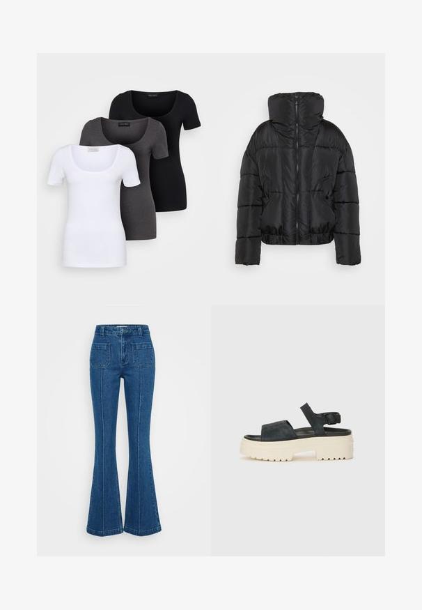 Casaco puffer preto com colarinho alto, fecho éclair e dois bolsos frontais. Apresenta uma silhueta cropped e um design acolchoado.; Três t-shirts ajustadas em branco, cinza e preto. Cada uma possui um decote amplo e mangas curtas. Feitas de um tecido liso e elástico.; Levi's de ganga azuis, com corte flared, cintura alta, dois bolsos traseiros e costura evidente ao longo das costuras laterais.; Sandálias de plataforma em camurça preta com uma sola branca e grossa, tiras frontais largas e fivela ajustável no tornozelo. Sola texturizada para melhor aderência.