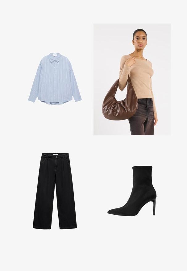 Beige double-breasted trench coat with a tie belt, buttoned cuffs, and a slightly textured fabric. Features a notched collar and two front pockets.; Light blue striped long-sleeve shirt with a button-up front, classic collar, and rounded hem. Made from woven fabric with a soft texture.; White ribbed tank top, features wide shoulder straps and a fitted design, paired with high-waisted black trousers and a black belt.; Black wide-leg jeans made from denim, featuring a high waist, front pockets, and a button closure. The texture is smooth with minimal detailing.; Black ankle boot made of smooth suede, featuring a pointed toe and a high stiletto heel. Sleek, minimalist design without embellishments.; Brown leather hobo bag with a slouchy design and smooth texture. Worn casually by a model, featuring a large opening and rounded shape.; Set of eight silver rings, various designs including smooth, textured, and one with small pearls. Features include curves and accents.