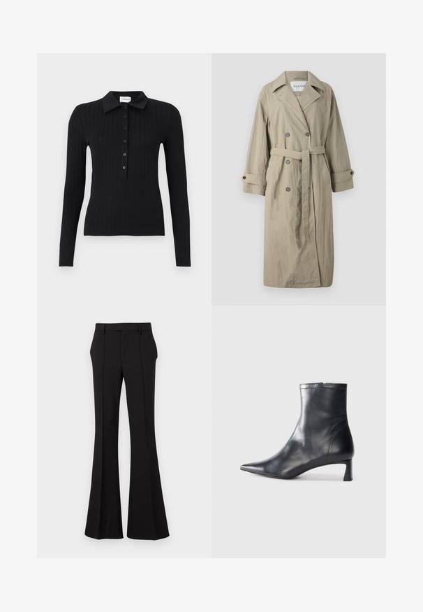 Beiger doppelt geknöpfter Trenchcoat mit einem Bindegürtel, geknöpften Manschetten und einem leicht strukturierten Stoff. Ausgestattet mit einem Reverskragen und zwei Fronttaschen.; Schwarzes, geripptes Poloshirt mit langen Ärmeln, Kragen und Knopfleiste. Verfügt über eine taillierte Passform und eine glatte Textur.; Schwarze weit geschnittene Hosen aus glattem Stoff, mit einer vorderen Falte, maßgeschneideter Taille und seitlichen Taschen für praktischen Nutzen.; Schwarze Lederstiefelette mit spitzer Zehe und schlankem Design. Verfügt über einen niedrigen Absatz und einen Reißverschluss hinten. Glatte Textur.