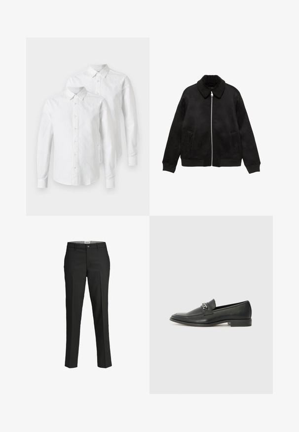 Schwarze Bomberjacke aus Wildleder mit einem weichen Kragen, Reißverschluss, Seitentaschen sowie gerippten Bündchen und Saum. Glatte Textur, minimalistisches Design.; Zwei weiße Langarmhemden aus Baumwolle mit Knopfleiste, spitzem Kragen und geraden Manschetten. Glatte Textur, ohne Muster.; Schwarze Hosen, taillierte Passform, glattes Material, mittelhoher Bund, vorderer Knopfverschluss, schräge Taschen und Bügelfalten entlang der Beine.; Schwarzer Lederloafer mit glatter Oberfläche, ausgestattet mit einer gesteppten Gestaltung und einem dekorativen Metallkettendetail über dem Vorderblatt. Flacher Absatz.