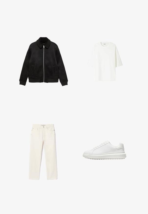 Giubbotto bomber in camoscio nero con colletto in pelliccia, chiusura con zip, tasche laterali e polsini e orlo a coste. Tessuto liscio, design minimalista.; T-shirt bianco a maniche corte in cotone, con scollatura a girocollo e vestibilità comoda con orlo dritto.; Jeans in denim color crema con taglio dritto, dotati di due tasche frontali, chiusura con bottone e un brand discreto vicino alla vita.; Sneaker bianco con una tomaia sintetica liscia, punta rotonda, lacci piatti, suola testurizzata e un design a piattaforma stratificata per un'altezza extra.