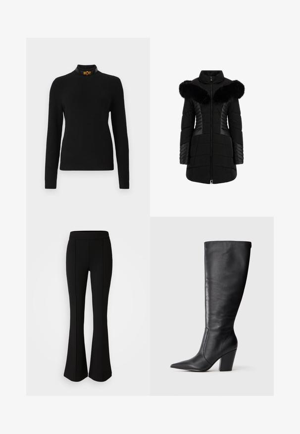 Črna puhovka z umetnim krznom na ovratniku, prešita tekstura, sprednji zadrga in kontrastni paneli na rokavih in straneh.; Črna rebrasta pulover s dolgimi rokavi, visokim ovratnikom in kontrastnim črnim ovratnikom z zlatim kovinskim dodatkom.; Črne razširjene hlače iz raztegljivega materiala z gladko teksturo, ki imajo šive spredaj za dodatno oblikovanje.; Črne usnjene škornje do kolen s koničastim nosom in debelim visokim peto, prikazane v levem bočnem profilu na beli podlagi.