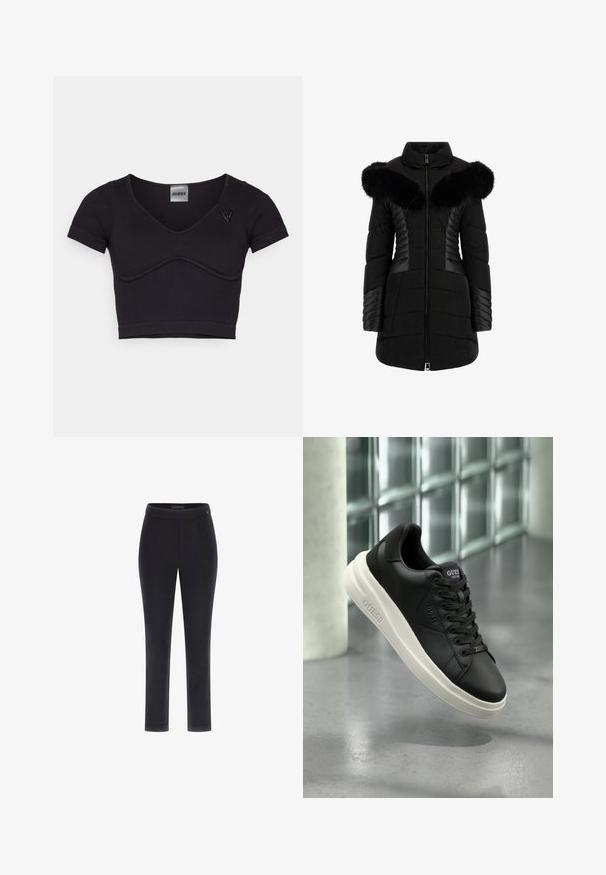 Fekete puffernadrág, műszőrme gallérral, steppelt textura, elől cipzárral, és kontrasztos panel részletekkel a ujjakon és az oldalakon.; Fekete bordázott rövidujjú cropped top, V-kivágással és ívelt varrással. Bal vállán egy kis háromszög logó található.; Fekete, testhezálló nadrág sima textúrával, egyenes szárú kialakítással és széles derékpánttal. A derékpánton kis logó található.; Fekete, alacsony szárú Guess sneaker fehér talppal, fűzővel és oldalt, valamint a nyelvén márkajelzéssel, üvegtéglából készült háttér előtt bemutatva.