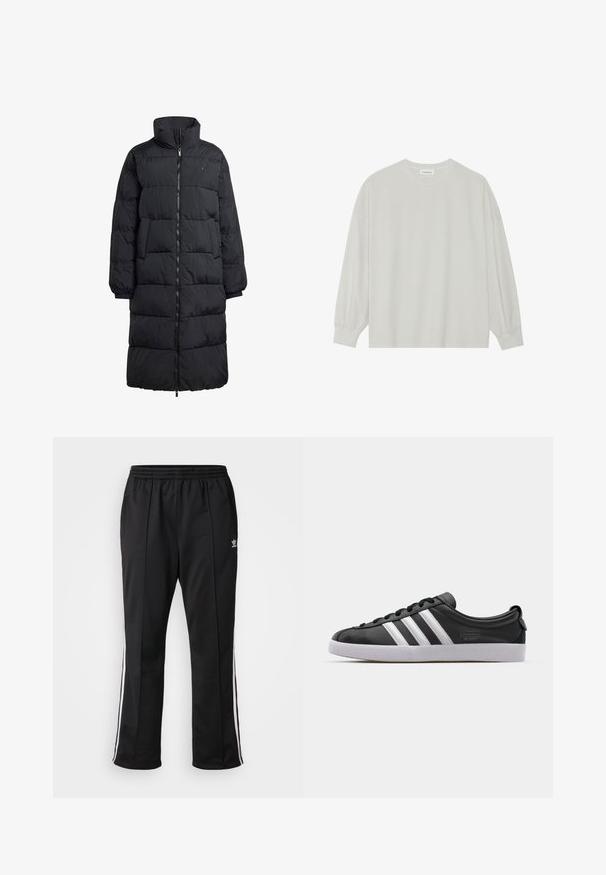 Melnā pūkainā jaka ar augstu apkakli, pilnu priekšējo rāvējslēdzēju un divām sānu kabatām; šūnu dizains ar spīdīgu apdari un ribotām piedurknēm.; Gaišpelēka garām piedurknēm t-krekls, kas izgatavots no mīkstas kokvilnas. Iezīmē vaļīgu piegriezumu, apaļu kakla izgriezumu un viegli saplacinātas piedurknes. Nav rakstu vai grafikas.; Melna sporta bikses ar elastīgu jostasvietu, kurām ir baltas sānu svītras un neliels nosaukums kreisajā augšstilbā. Gluda poliestera auduma.; Melnas ādas sporta kurpes ar baltu trīs svītru dizainu, noapaļota purngala forma, plāns balts gumijas zole un zīmola detaļa sānos.