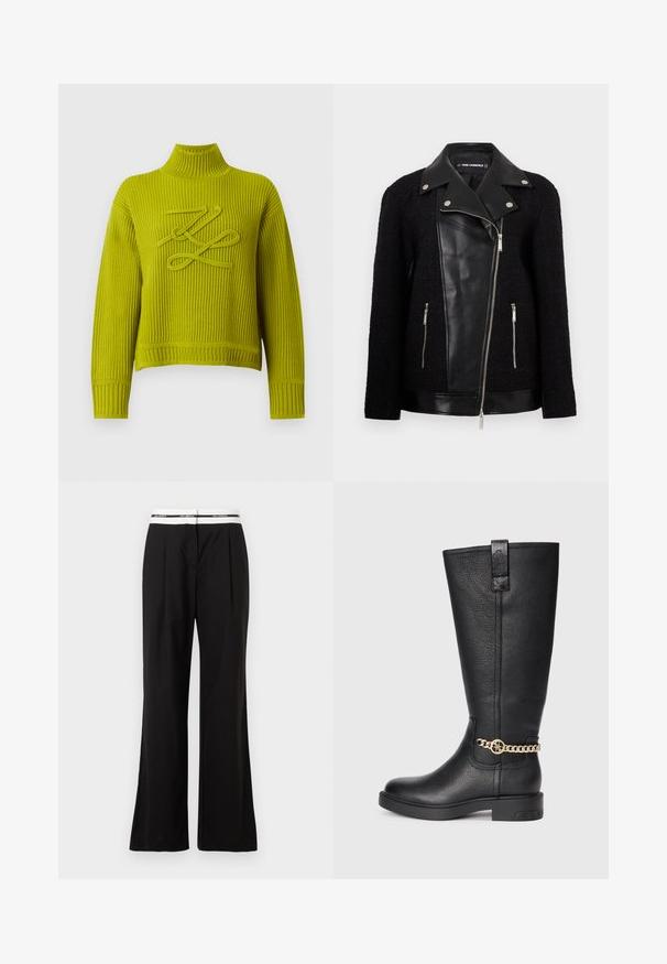 Casaco preto com um painel frontal e colarinho em couro, mangas de um tecido texturizado e trançado, bolsos com zíper e detalhes metálicos.; Suéter de malha canelada de mangas compridas em amarelo-verde brilhante com gola alta e design decorativo de pontos em laçada no peito.; Calças pretas com um corte descontraído, apresentando uma cinta elástica branca com marca. Feitas de um tecido suave com um leve brilho.; Bota de couro preta até ao joelho com acabamento texturizado, apresentando um detalhe decorativo em corrente dourada e uma sola de borracha plana.