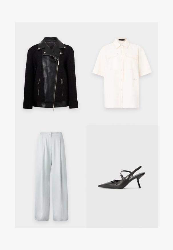 Black jacket with a leather front panel and collar, textured woven fabric sleeves, zippered pockets, and metallic accents.; Short-sleeve, cream-colored shirt made of lightweight fabric, featuring two front pockets, a button-up design, and contrasting stitching.; Light gray wide-leg trousers with a smooth texture, featuring a front button closure and pleated design for added detail.; Black leather slingback heels with a pointed toe, slender heel, and decorative buckle detail on the vamp. Smooth texture and sleek design.