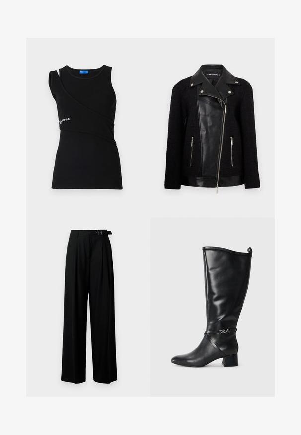 Mustükkile järjehoidev jope, millel on nahast esipaneel ja krae, tekstuuriga kootud riidest varrukad, lukuga taskud ja metallist aktsendid.; Musthave mustrikki, millel on asümmeetriline disain ja üks rihm, millel on hemmi lähedal logo. Pehme ja veniv materjal.; Mustad kõrge vöökohaga mustad laiad püksid, millel on ees voldid ja vöö, millel on pandla. Valmistatud siledast ja kergest kangast.; Must muste kõrge must nahast king, millel on terav varvas, plokk-konts ja dekoratiivne rihm hõbedase logo asemel pahkluu juures. Sujuv tekstuur.