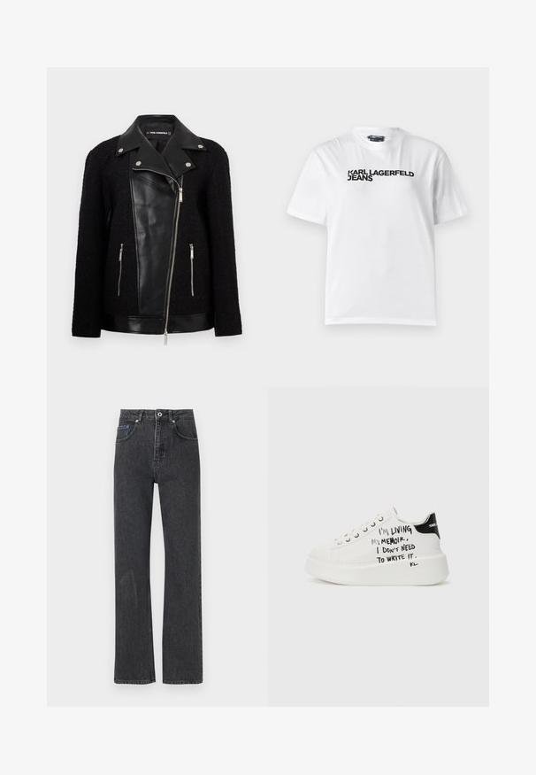 Črna jakna z usnjenim sprednjim panelom in ovratnikom, rokavi iz teksturirane tkane tkanine, žepki na zadrgo in kovinskimi detajli.; Bela bombažna majica s krojem pri vratu, kratkimi rokavi in črnimi tiskanimi besedami "KARL LAGERFELD JEANS" čez prsa.; Črne ravne hlače iz denima z visokim pasom, petimi žepi, toniranim šivom in rahlo izbledelim videzom spredaj.; Bela platforma športna obutev z črnimi detajli, ki ima teksturiran podplat in ročno napisano besedilo ob straneh. Gladek usnjeni material.