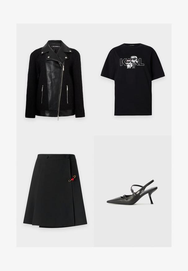Crna jakna s prednjim panelom i ovratnikom od kože, rukavima od teksturiranog tkanja, džepovima na munje i metalnim detaljima.; Crni pamučni majica s grafičkim printom dviju karikatura s naočalama, uz tekst "KARL" ispisan velikim slovima.; Crna suknja s lepršavim dizajnom, koja ima dva prednja dugmeta i zlatni akcenat s crvenim srcem sa strane. Glatka tekstura tkanine.; Crne kožne štikle sa otvorenom petom, s uskim vrhom i dekorativnom kopčom na gornjem dijelu. Glatka tekstura i elegantan dizajn.