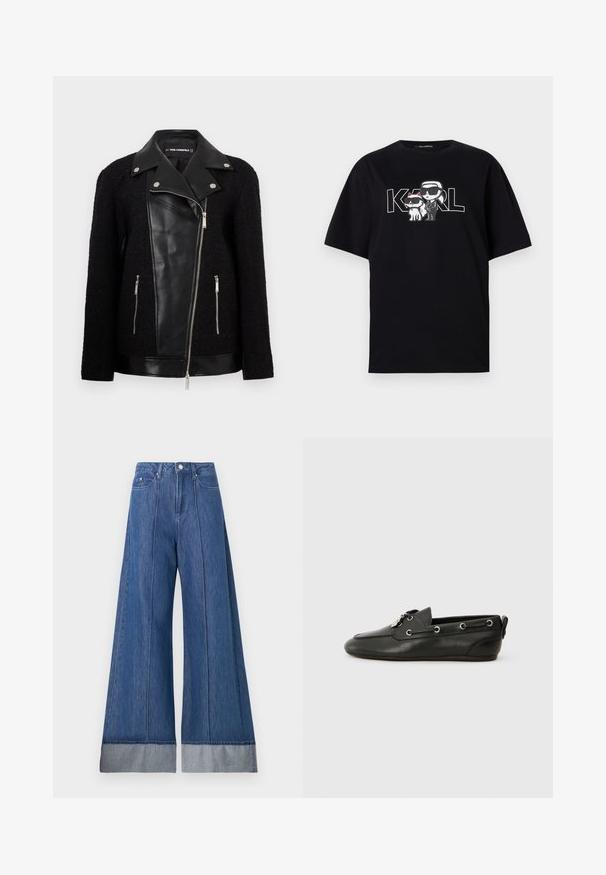 Černá bunda s koženou přední stranou a límcem, rukávy z texturované tkaniny, kapsy na zip a kovové akcenty.; Černé bavlněné tričko s grafickým potiskem dvou karikatur s brýlemi, doplněné textem "KARL" tučnými písmeny.; Široké džíny ve středně modrém denimu, s vysokým pasem, dvěma předními kapsami a kontrastním světlým denimovým lemováním na spodním okraji.; Černé kožené lodní boty s kulatou špičkou, šněrováním vpředu, kovovými očky a plochou podrážkou. Mají malou poutku vzadu.