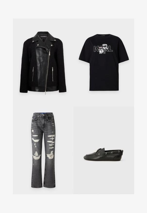 Črna jakna z usnjenim sprednjim panelom in ovratnikom, rokavi iz teksturirane tkane tkanine, žepki na zadrgo in kovinskimi detajli.; Črna bombažna majica s grafikonom dveh risanih figur v sončnih očalih, ob spremljavi besedila "KARL" v poglobljenih črkah.; Trgovi črni kavbojki z visokim pasom, širokimi nogami in strganimi detajli. Imajo več raztrganin in gumbno zapiranje.; Črne usnjene čolnarske čevlje z zaobljenim prstom, zavezovanjem spredaj, kovinskimi očesci in ravnim podplatom. Imajo majhen trak na zadnji strani.