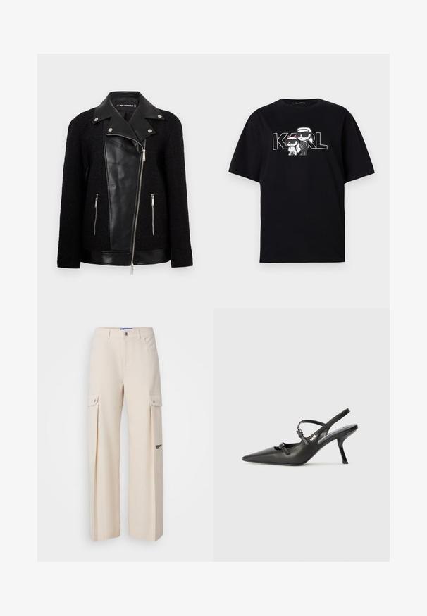 Musta takki, jossa on nahkainen etupaneeli ja kaulus, tekstuurilla kudotut hihat, vetoketjulliset taskut ja metalliset yksityiskohdat.; Musta puuvillapaita, jossa on graafinen printti kahdesta aurinkolasillista sarjakuvahahmosta, ja tekstinä suurilla kirjaimilla "KARL".; Karl Lagerfeld Jeans PLEATED CARGO - Reisitaskuhousut - whitecap gray; Mustat nahkaiset slingback-korkokengät, joissa on terävä kärki, hoikka korko ja koristeellinen solkityyny varpailla. Tasainen pinta ja tyylikäs muotoilu.