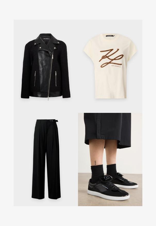 Jachetă neagră cu un panou frontal din piele și guler, manșon dintr-un material țesut texturat, buzunare cu fermoar și accente metalice.; Tricou din bumbac de culoare crem, cu mâneci scurte, având un logo brodat din cărbune și un design cu scris pe față.; Pantaloni negri cu croi larg, talie înaltă, pliuri în față și un b μέρος cu cataramă. Confecționați dintr-un material neted și ușor.; Adidași negri din materiale de gamă suede și piele patentată, cu o talpă albă, design cu șireturi și un accent logo pe limbă.