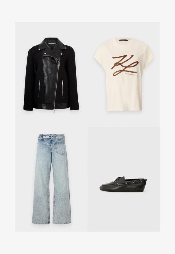 Mustükkile järjehoidev jope, millel on nahast esipaneel ja krae, tekstuuriga kootud riidest varrukad, lukuga taskud ja metallist aktsendid.; Kreemivärvi puuvillane t-särk lühikeste varrukatega, mille ees on pruun tikandiga logo ja kirjutis.; Heledad sinine laiemate jalgadega teksad, mis on valmistatud teksakangast, kõrge vöökohaga, viie taskuga ja vanaaegse välimuse saavutamiseks tuhmimisega. Õmblused on korralikult õmmeldud ja viimistlus on puhas.; Mustad mustajalatsid mustast nahast, ümarate varvastena, nööridega eespaneel, metallist kinnitused ja lamedad tallad. Tagaküljel on väike silt.