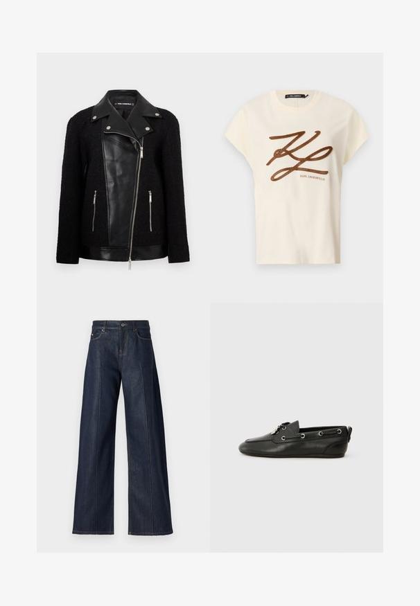 Juodas švarkas su odiniu priekinio skydelio ir apykaklės, tekstūruotomis megztomis rankovėmis, užtraukiamomis kišenėmis ir metaliniais akcentais.; Kreminės spalvos medvilninė marškinė su trumpomis rankovėmis, priekyje papuoštos rudai siuvinėjamu logotipu ir užrašu.; Plati kojinės tamsiai mėlynos džinsinio audinio kelnės su glotnia tekstūra, turinčios penkias kišenes, mygtuką ir kontrastingą siuvimo liniją palei siūles.; Juoda oda laivų avalynė su apvaliu pirštu, raištelių priekiniu užsegimu, metalinėmis skylutėmis ir plokščiu padu. Yra nedidelis užvalkalas gale.