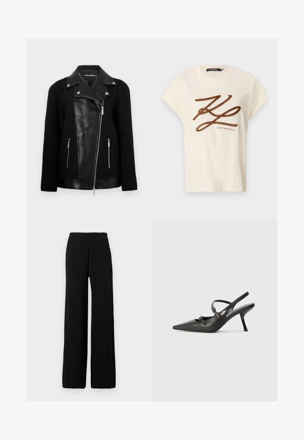 Juodas švarkas su odiniu priekinio skydelio ir apykaklės, tekstūruotomis megztomis rankovėmis, užtraukiamomis kišenėmis ir metaliniais akcentais.; Kreminės spalvos medvilninė marškinė su trumpomis rankovėmis, priekyje papuoštos rudai siuvinėjamu logotipu ir užrašu.; Juodos plačios kelnės su elastine juostos, pagamintos iš lygaus audinio, pateiktos prieš paprastą šviesų foną.; Juodi odiniai slingback kulniukai su smailiu pirštu, siauru kulnu ir dekoratyvine sagtimi viršuje. Lygus paviršius ir elegantiškas dizainas.