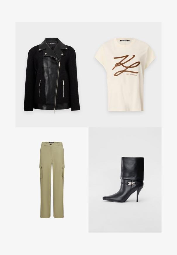 Melnā jaka ar ādas priekšējo paneļu un apkakli, teksturēta auduma piedurknēm, kabatām ar rāvējslēdzējiem un metāliskiem akcentiem.; Krēma krāsas kokvilnas T-krekls ar īsām piedurknēm, priekšpusē ar brūnu izšūtu logo un uzrakstu.; Haki kravas bikses, kas izgatavotas no mīksta auduma. Iespējas: divas sānu kabatas un pogu aizdare. Taisna kāju dizains ar piegrieztiem galiem.; Melnas ādas potīšu zābaki ar smailu purngalu, augstu stiletto papēdi, salocītu aproci un zeltītu dekoratīvu sprādzi uz potītes.