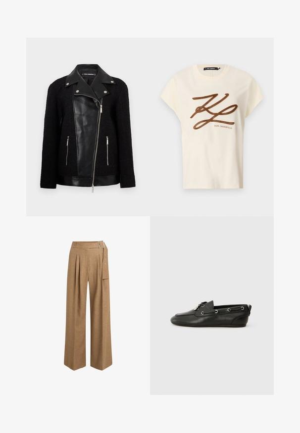 Zwarte jas met een leren voorpaneel en kraag, mouwen van textuur geweven stof, ritszakken en metallic accenten.; Crème-kleurige katoenen t-shirt met korte mouwen, met een bruin geborduurd logo en scriptontwerp op de voorkant.; Bruine, wijde broek van textiel met structuur. Voorzien van een geplooide voorkant, riemlussen en een zijzak met zilverkleurige hardware accenten.; Zwarte leren boot schoenen met een ronde neus, vetersluiting aan de voorkant, metalen oogjes en een platte zool. Heeft een klein tabje aan de achterkant.