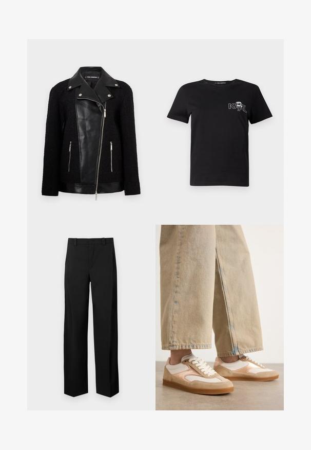 Sort jakke med en læderforan og krave, teksturerede vævede stofærmer, lynlåslommer og metalliske detaljer.; Sort kortærmet t-shirt lavet af bomuld. Har et hvidt grafik med teksten "KARL" og en stiliseret figur på brystet. Rund halsudskæring.; Sorte, brede bukser lavet af et glat, vævet stof. Har en flad front, bæltestropper og sidelommer for et skræddersyet udseende.; Brune og creme sneakers med et design af ruskind og mesh, der har snørebåndslukning og gummisåler, parret med brune vide jeans.