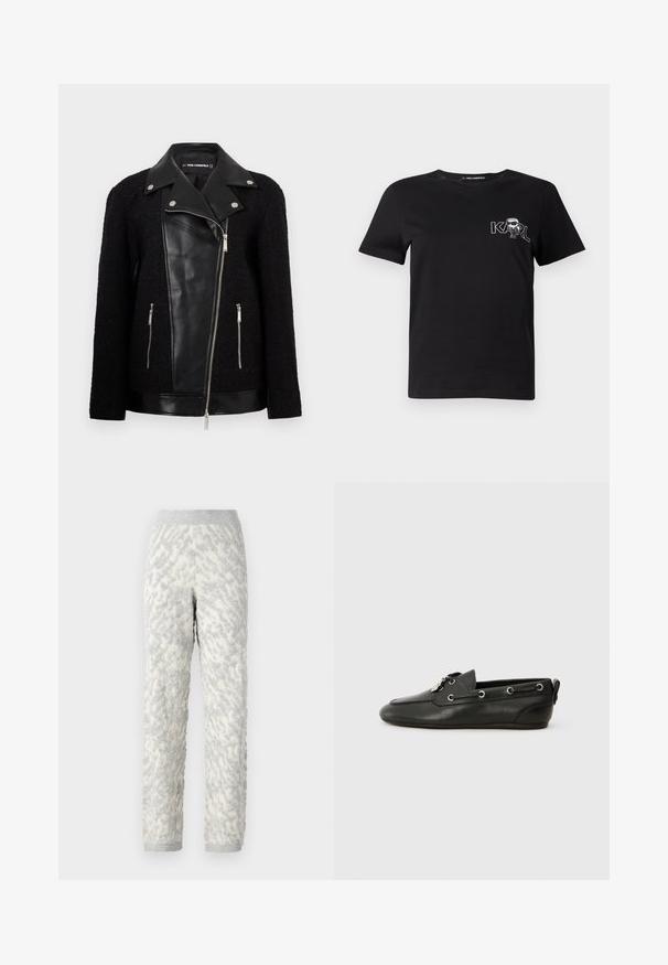 Musta takki, jossa on nahkainen etupaneeli ja kaulus, tekstuurilla kudotut hihat, vetoketjulliset taskut ja metalliset yksityiskohdat.; Lyhythihainen musta t-paita, joka on valmistettu puuvillasta. Paidassa on valkoinen graafinen kuvasto, jossa on teksti "KARL" ja tyylitelty hahmo rintamuksessa. Pyöreä pääntie.; Teksturoituja lounge-housuja luonnonvalkoiset harmailla kuvioilla, pehmeästä kankaasta valmistettuna, joustovyötärö ja ribbitut hihansuut.; Mustat nahkaveneilykengät, joissa on pyöreä kärki, nauhalla kiinnitetty etuosa, metalliset silmukat ja litteä pohja. Takana on pieni läppä.