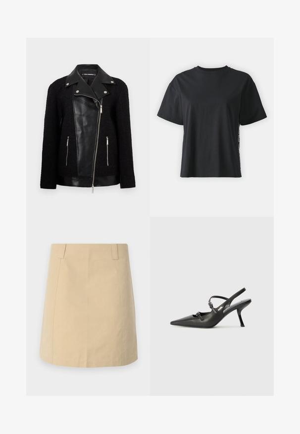 Veste noire avec un panneau avant en cuir et un col, des manches en tissu tissé texturé, des poches zippées et des accents métalliques.; T-shirt en coton noir à manches courtes avec une coupe décontractée et un panneau latéral contrastant comportant un petit texte et des détails de design.; Jupe en coton beige avec une coupe droite, dotée de plis sur le devant, de poches latérales et de détails cousus le long des coutures.; Talons slingback en cuir noir avec un bout pointu, un talon fin et un détail de boucle décorative sur le vamp. Texture lisse et design épuré.