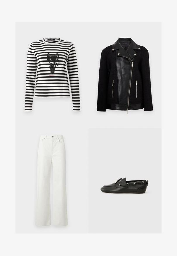 Čierna bunda s koženým predným panelom a golierom, rukávy z textúrovanej tkaniny, zipsové vrecká a kovové akcenty.; Čierne a biele pruhované tričko s dlhým rukávom vyrobené z bavlny. Obsahuje centrálnu grafiku postavy s okuliarmi, pod ktorou je text "Karl Lagerfeld".; Samsøe Samsøe SHELLY - Džínsy voľného strihu - clear cream; Čierne kožené lodné topánky s okrúhlou špičkou, šnurovaním vpredu, kovovými očkami a plochou podrážkou. Obsahuje malý pútko na zadnej strane.