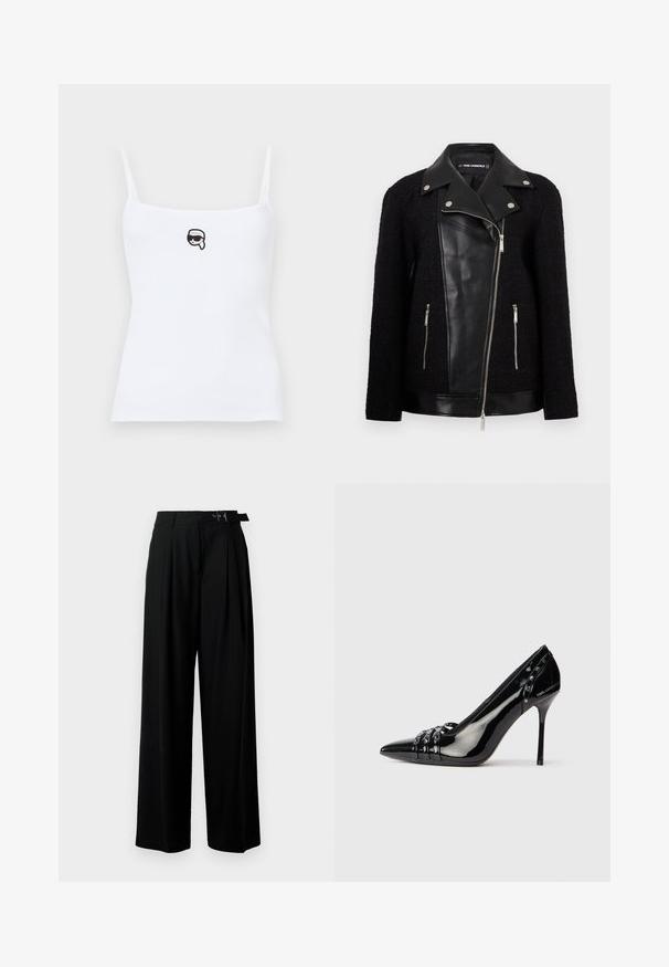 Black jacket with a leather front panel and collar, textured woven fabric sleeves, zippered pockets, and metallic accents.; White ribbed tank top with thin straps, featuring a black cartoon face with sunglasses embroidered on the front. Soft fabric texture.; Black wide-leg trousers with a high waist, pleats at the front, and a belt featuring a buckle. Made from smooth, lightweight fabric.; Black patent leather stiletto heel shoe with pointed toe, three decorative straps with studs, and "Karl Lagerfeld" branding on heel.