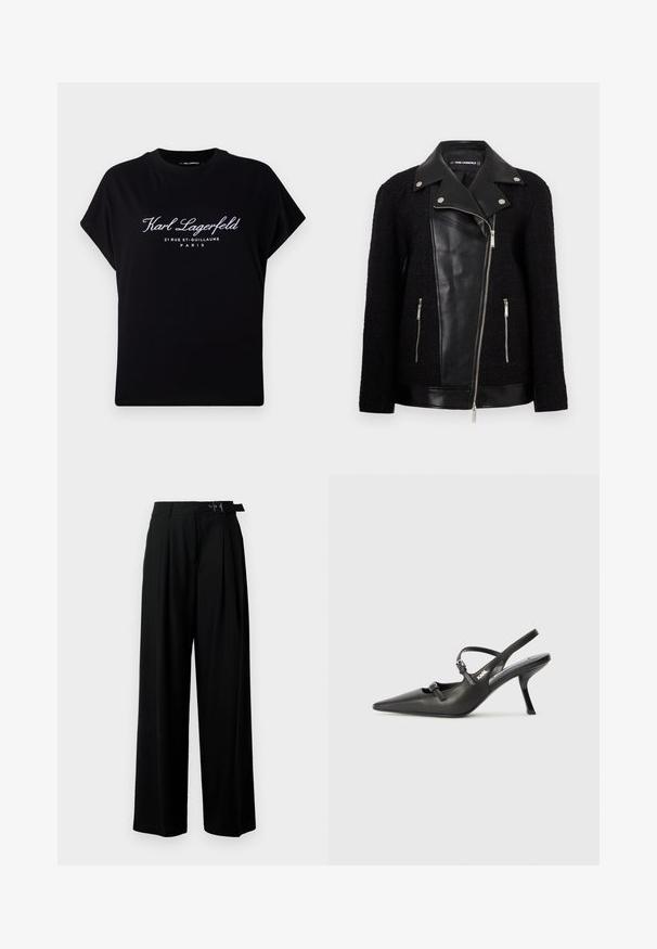 Black jacket with a leather front panel and collar, textured woven fabric sleeves, zippered pockets, and metallic accents.; Black oversized t-shirt made of cotton. Features short sleeves and a round neckline. Front displays white text: "Karl Lagerfeld 21 RUE ST-GUILLAUME PARIS."; Black wide-leg trousers with a high waist, pleats at the front, and a belt featuring a buckle. Made from smooth, lightweight fabric.; Black leather slingback heels with a pointed toe, slender heel, and decorative buckle detail on the vamp. Smooth texture and sleek design.