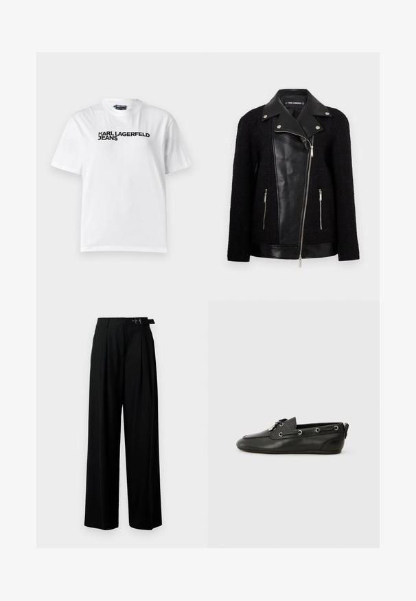 Black jacket with a leather front panel and collar, textured woven fabric sleeves, zippered pockets, and metallic accents.; White cotton t-shirt with a crew neckline, short sleeves, and black printed text reading "KARL LAGERFELD JEANS" across the chest.; Black wide-leg trousers with a high waist, pleats at the front, and a belt featuring a buckle. Made from smooth, lightweight fabric.; Black leather boat shoes with rounded toe, lace-up front, metal eyelets, and a flat sole. Features a small tab at the back.