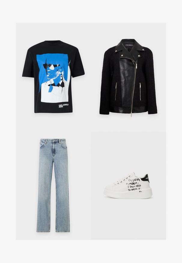 Schwarze Jacke mit einem Leder-Frontpanel und Kragen, Ärmeln aus strukturiertem gewebtem Stoff, Reißverschlusstaschen und metallischen Akzenten.; Schwarzes T-Shirt aus Baumwollmischung mit einem blau-weißen Grafikdruck eines Gesichts, das Sonnenbrillen trägt. Markennamen am unteren Rand aufgedruckt.; Helles blau, weit geschnittene Jeans aus Denim. Mit Knopf- und Reißverschluss, Fronttaschen und dezentem Verblassen. Saubere Säume.; Weiße Plattform-Sneaker mit schwarzen Akzenten, ausgestattet mit einer strukturierten Sohle und handgeschriebenem Text an den Seiten. Hergestellt aus glattem Leder.