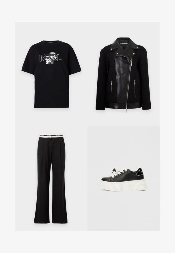 Črna jakna z usnjenim sprednjim panelom in ovratnikom, rokavi iz teksturirane tkane tkanine, žepki na zadrgo in kovinskimi detajli.; Črna bombažna majica s grafikonom dveh risanih figur v sončnih očalih, ob spremljavi besedila "KARL" v poglobljenih črkah.; Črne hlače sproščenega kroja z belim elastičnim pasom z blagovno znamko. Narejene iz gladkega materiala z rahlim sijajem.; Črne usnjene superge z debelim belim rebrastim podplatom, ki imajo bele vezalke in okrasni vozel na ježku.