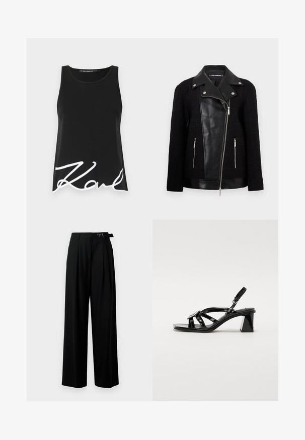 Mustükkile järjehoidev jope, millel on nahast esipaneel ja krae, tekstuuriga kootud riidest varrukad, lukuga taskud ja metallist aktsendid.; Must mustriga top, mis on valmistatud siledast kangast, laia dekoltee ja suure valge allkirjaprindiga esiosas.; Mustad kõrge vöökohaga mustad laiad püksid, millel on ees voldid ja vöö, millel on pandla. Valmistatud siledast ja kergest kangast.; Must musta nahk sandaalid kõrgel kontsal, avatud varbaga, laiad rihmad, reguleeritav kinnituse ja geomeetriline plokknina.