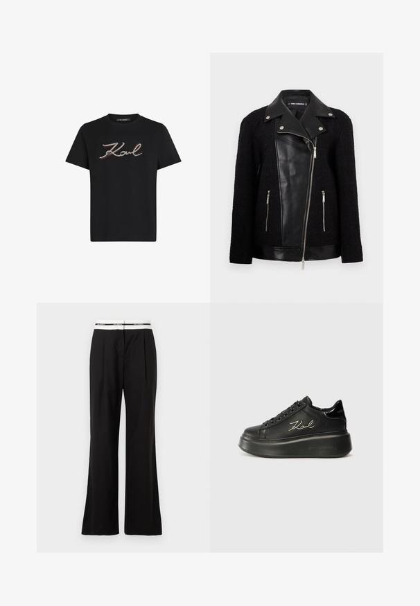 Chaqueta negra con panel frontal y cuello de cuero, mangas de tela tejida texturizada, bolsillos con cremallera y acentos metálicos.; Camiseta de algodón negra con un logotipo bordado en plata y rojo que dice "Karl". Manga corta y cuello redondo. Textura suave, corte regular.; Pantalones negros de corte relajado, con una cinturilla elástica blanca que lleva marca. Fabricados en un tejido suave con un ligero brillo.; Zapatillas de plataforma negras con parte superior de cuero suave, cordones planos y logo bordado "Karl" en el lateral. Punta redondeada y suela gruesa.
