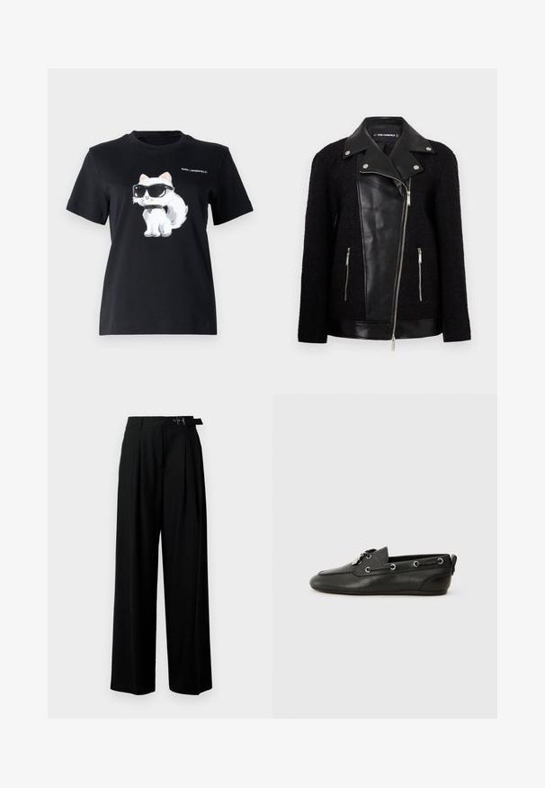 Casaco preto com um painel frontal e colarinho em couro, mangas de um tecido texturizado e trançado, bolsos com zíper e detalhes metálicos.; T-shirt de algodão preta com um gráfico de um gato branco a usar óculos de sol. O design inclui detalhes subtis e o texto "KARL LAGERFELD."; Calças largas pretas de cintura alta, com pregas à frente e um cinto com fivela. Feitas de um tecido liso e leve.; Sapatos de barco em pele preta com bico arredondado, atacadores na frente, ilhós de metal e sola plana. Possui uma pequena aba na parte de trás.