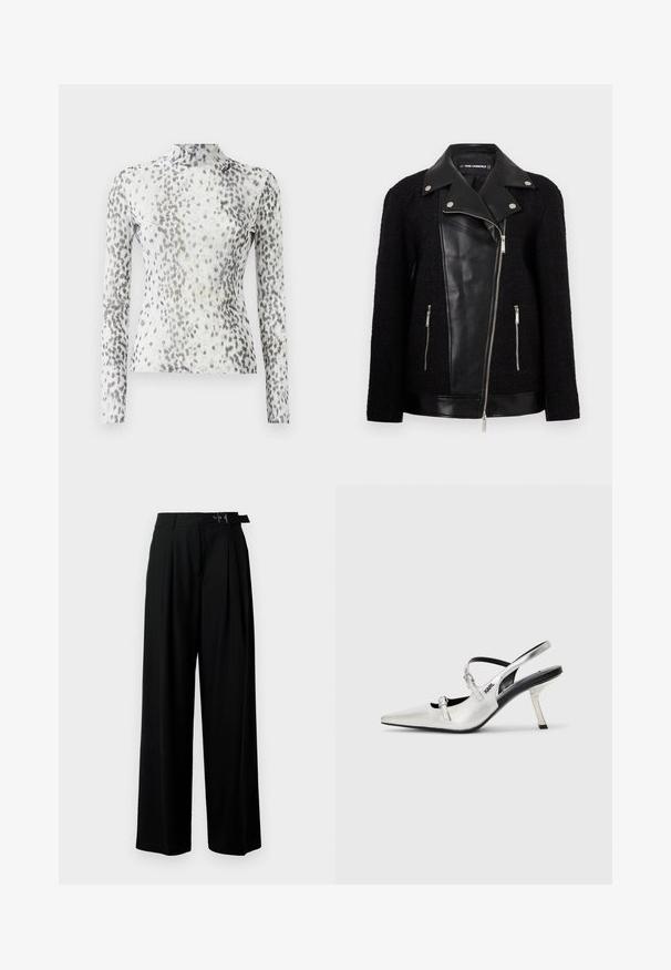 Jachetă neagră cu un panou frontal din piele și guler, manșon dintr-un material țesut texturat, buzunare cu fermoar și accente metalice.; Bluză cu mânecă lungă și guler înalt, confecționată dintr-un material alb decorat cu un model din pete gri și negre.; Pantaloni negri cu croi larg, talie înaltă, pliuri în față și un b μέρος cu cataramă. Confecționați dintr-un material neted și ușor.; Ciorapi argintii cu călcâiul descoperit, cu vârf ascuțit, având un finisaj metalic neted, un toc subțire și detalii decorative ale curelelor.