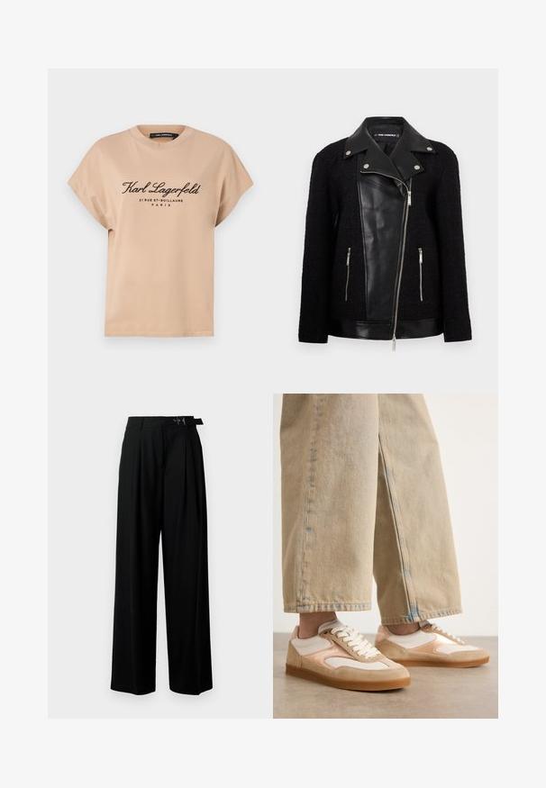 Casaco preto com um painel frontal e colarinho em couro, mangas de um tecido texturizado e trançado, bolsos com zíper e detalhes metálicos.; T-shirt de algodão bege com um decote redondo, mangas curtas e texto impresso a preto na frente, apresentando o nome da marca e detalhes da localização.; Calças largas pretas de cintura alta, com pregas à frente e um cinto com fivela. Feitas de um tecido liso e leve.; Tênis em tons de bege e creme com um design em camurça e malha, apresentando um fecho com atacadores e solas de borracha, combinados com jeans amplos em tom de bege.