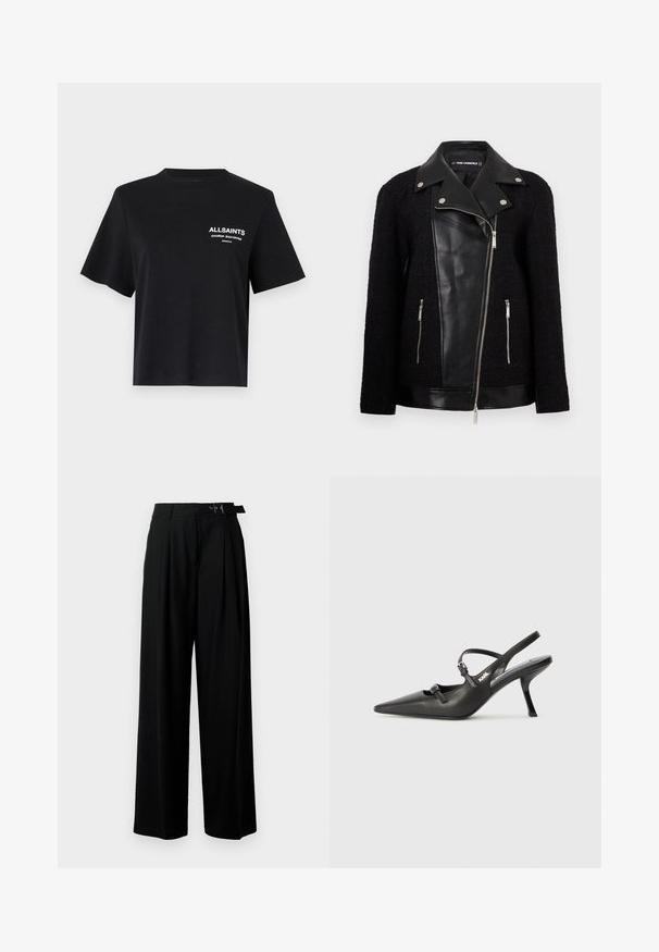 Czarna kurtka z przednim paneliem i kołnierzem ze skóry, rękawami z teksturowanej tkaniny, kieszeniami na zamek błyskawiczny oraz metalowymi akcentami.; Czarna bawełniana koszulka z okrągłym dekoltem i krótkimi rękawami. Posiada białe nadrukowane napisy na lewej stronie klatki piersiowej. Prosty, luźny krój.; Czarne spodnie szerokie w nogawkach z wysokim stanem, z plisami z przodu oraz paskiem z klamrą. Wykonane z gładkiego, lekkiego materiału.; Czarne skórzane sandały na obcasie typu slingback z wydłużonym noskiem, smukłym obcasem i ozdobnym zapięciem na cholewce. Gładka tekstura i elegancka forma.