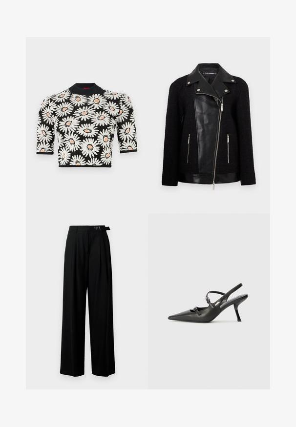 Čierna bunda s koženým predným panelom a golierom, rukávy z textúrovanej tkaniny, zipsové vrecká a kovové akcenty.; Pletený top s čiernym pozadjom, zdobený bielymi sedmokráskami a oranžovými stredmi. Krátke rukávy a okrúhly výstrih. Textúrovaná látka.; Čierne široké nohavice s vysokým pásom, skladmi vpredu a opaskom s prackou. Vyrobené z hladkej, ľahkej textílie.; Čierne kožené slingback topánky na vysokom podpätku s ostrou špicou, štíhlym podpätkom a dekoratívnym detailom s prackou na priehlavku. Hladká textúra a elegantný dizajn.