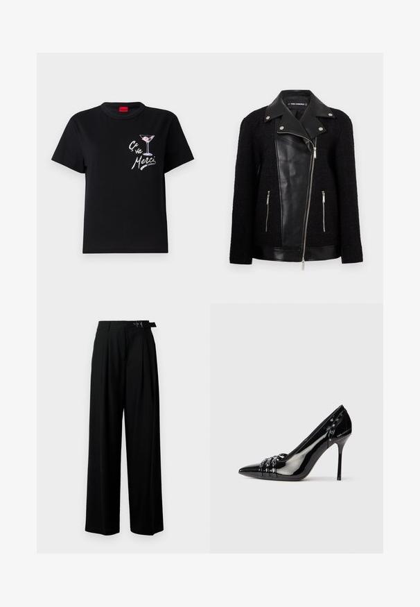 Črna jakna z usnjenim sprednjim panelom in ovratnikom, rokavi iz teksturirane tkane tkanine, žepki na zadrgo in kovinskimi detajli.; Črni bombažni majica s kratkimi rokavi ima belo in roza grafiko martini kozarca ter napis "Ça va Merci" v igrivem fontu.; Črne široke hlače z visokim pasom, gubami spredaj in pasom z zaponko. Narejene so iz gladkega, lahkega materiala.; Črne patentirane usnjene stiletto pete z izostrenim nosom, tremi dekorativnimi pasovi s studenci in blagovno znamko "Karl Lagerfeld" na peti.