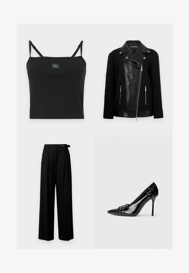 Čierna bunda s koženým predným panelom a golierom, rukávy z textúrovanej tkaniny, zipsové vrecká a kovové akcenty.; Čierny rebrovaný crop top s tenkými ramienkami a štvorcovým výstrihom. Obsahuje malé logo vpredu. Materiál z bavlny, priliehavý strih.; Čierne široké nohavice s vysokým pásom, skladmi vpredu a opaskom s prackou. Vyrobené z hladkej, ľahkej textílie.; Čierne lakované lodičky na ihlovom opätku so špicatou špičkou, tromi dekoratívnymi pruhmi s cvočkami a značkou "Karl Lagerfeld" na opätku.