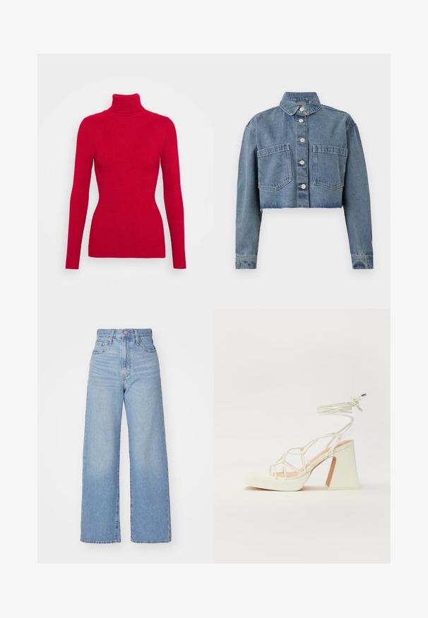 Korte spijkerjack in lichtblauw, met een puntige kraag, knopen aan de voorkant en twee borstzakken. Afgedragen zoom en lange mouwen.; Rode geribbelde turtleneck trui met lange mouwen, gestructureerde stof, getailleerde silhouet en hoge kraag. Geen zichtbare versieringen.; Lichtblauwe high-waist wijde jeans met een knoop- en ritssluiting aan de voorkant, voor- en achterzakken, op een witte achtergrond.; Witte hoge hakken sandaal met een chunky hak, met een bandjesontwerp en enkelband. Gladde textuur met een plateau voor extra hoogte.