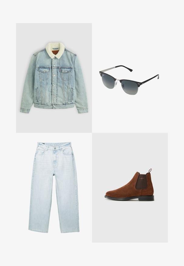 Giacca di jeans blu chiaro con colletto peloso bianco. Presenta tasche sul petto, bottoni a scatto e una vestibilità rilassata con dettagli di cucitura in evidenza.; Maglione a righe bordeaux e crema con texture a treccia. Presenta un collo tondo e polsini a costine. Logo "Polo Club" piccolo sul davanti.; Jeans in denim azzurro chiaro con una vestibilità ampia, dotati di cinque tasche, una chiusura con zip e cuciture visibili. Il tessuto ha una consistenza morbida.; Stivaletto Chelsea in suede marrone con pannello elastico laterale, etichetta a occhiello sul retro, suola nera e logo "GANT" discreto sul pannello laterale.; Occhiali da sole neri e argento con forma a occhio di gatto, lenti sfumate e dettagli metallici sulla montatura. Aste in plastica con punte grigie.