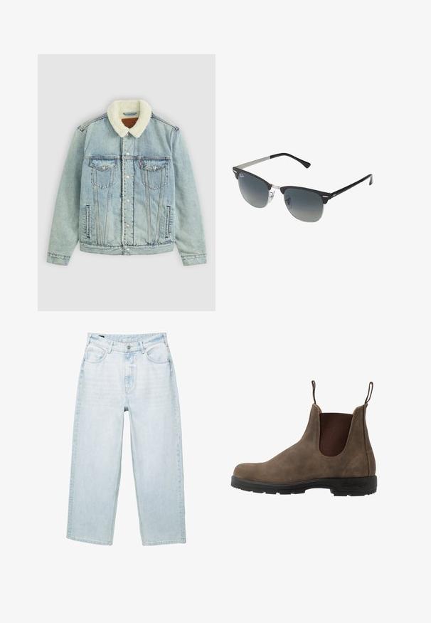 Veste en denim bleu clair avec un col pelucheux blanc. Comprend des poches poitrine, des boutons-pression et une coupe décontractée avec des détails de couture visibles.; Pull rayé bordeaux et crème avec texture en maille torsadée. Présente un col rond et des poignets côtelés. Petit logo "Polo Club" sur le devant.; Jean en denim bleu clair à coupe ample, dotés de cinq poches, d'une fermeture éclair et de coutures apparentes. Le tissu a une texture douce.; Bottine chelsea en cuir marron avec des panneaux élastiques sur les côtés, des languettes de traction et une semelle en caoutchouc noir avec un relief texturé pour une meilleure adhérence.; Lunettes de soleil noires et argentées avec une forme œil de chat, des verres dégradés et des accents métalliques sur la monture. Branches en plastique avec des embouts gris.