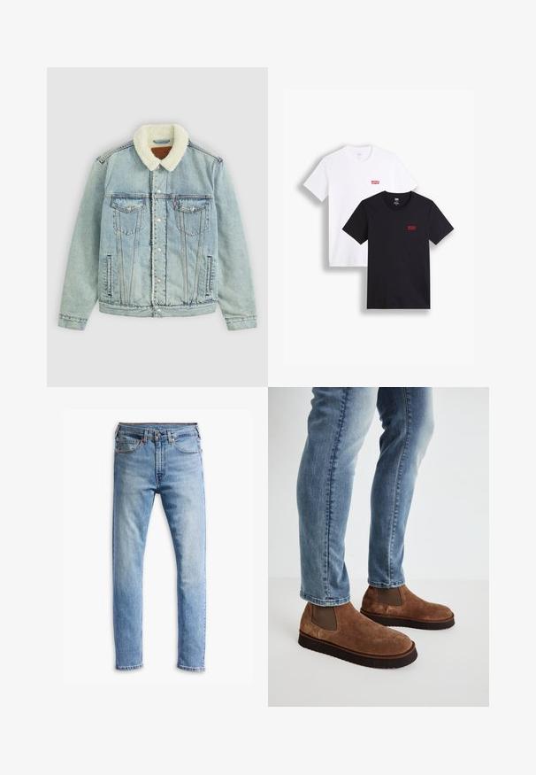 Ανοιχτό μπλε τζιν μπουφάν με χνουδωτό, λευκό γιακά. Περιλαμβάνει τσέπες στο στήθος, κουμπιά με ασφάλεια και χαλαρή εφαρμογή με ορατές ραφές.; Δύο κοντομάνικες μπλούζες: μία λευκή και μία μαύρη. Και οι δύο είναι φτιαγμένες από βαμβάκι με ένα κόκκινο λογότυπο της Levi's στο στήθος. Απλός σχεδιασμός με στρογγυλή λαιμόκοψη.; Ανοιχτό μπλε τζιν παντελόνι με σχεδίαση ίσιας γραμμής, πέντε τσέπες, κλείσιμο με κουμπί και διακριτική φθορά σε όλη την ύφανση.; Καφέ σουέτ μποτάκια με ελαστικά πλαϊνά, παχιά μαύρη καουτσούκ σόλα, συνδυασμένα με ανοιχτό μπλε εφαρμοστά τζιν.