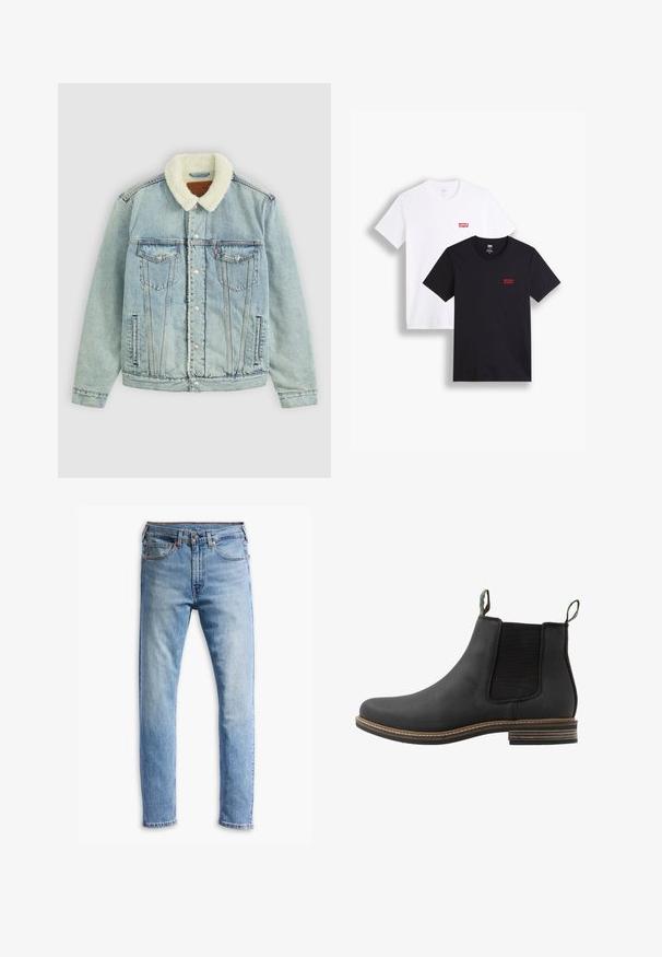 Světlomodrá denimová bunda s huňatým bílým límcem. Má náprsní kapsy, patentky a volný střih s viditelnými švy.; Dvé trička s krátkým rukávem: jedno bílé a jedno černé. Obě vyrobená z bavlny s červeným logem Levi's na hrudi. Jednoduchý design s kulatým výstřihem.; Světle modré džíny z denimu s rovně střiženým designem, pěti kapsami, zapínáním na knoflík a jemným blednutím po látce.; Černé kožené kotníkové boty s elastickými postranními panely, zelenými poutky a hnědým vrstveným podpatkem. Mají hladký povrch a detailní prošívání.