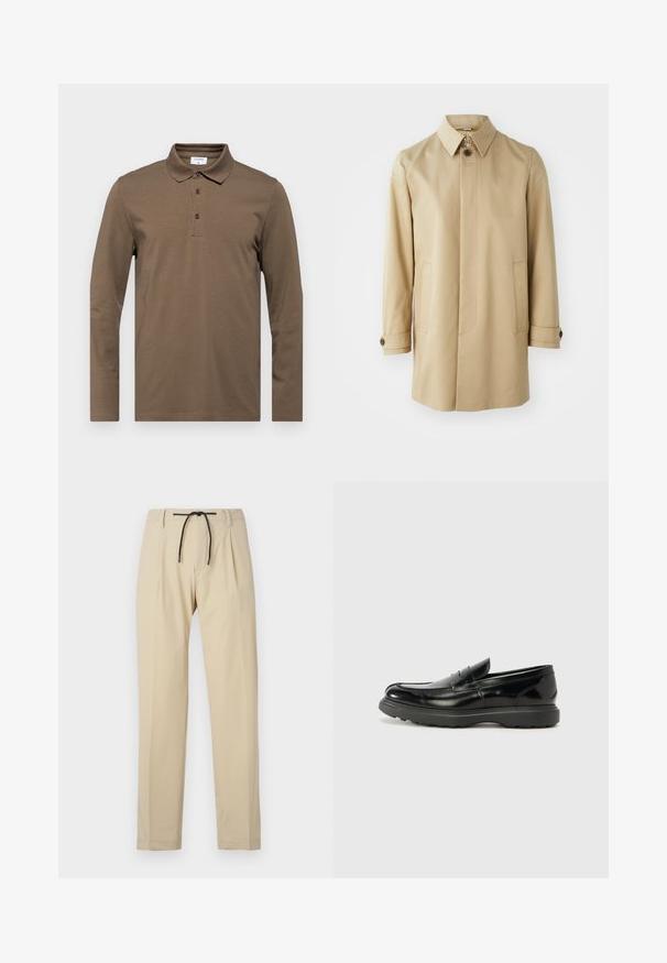 Tiger of Sweden CANE - Kurzmantel - sawdust; Braunes Langarm-Polo-Shirt aus weichem Stoff, mit klassischem Kragen, Drei-Knopf-Leiste und dezenten Stickdetails.; Beige Hose mit geradem Schnitt, ausgestattet mit einem Kordelzugbund, gefältelter Vorderseite und glatter Textur. Einfaches, vielseitiges Design.; Schwarze Lederloafer mit glanzendem Finish, abgerundetem Zehenbereich, subtilen Steppnähten und einer dicken Gummisohle für Langlebigkeit.