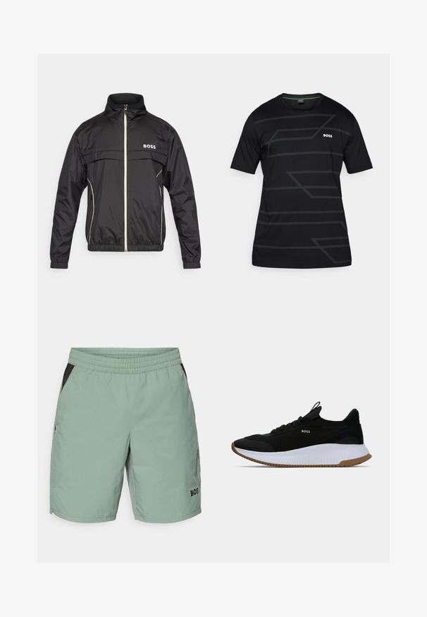 Jachetă impermeabilă neagră cu guler înalt, fermoar frontal, logo-ul BOSS pe piept și accente bej contrastante de-a lungul fermoarului și buzunarelor.; Tricou negru cu mânecă scurtă, realizat dintr-un material neted, având un model geometric subtil și logo-ul "BOSS" în alb pe piept.; Pantaloni scurți verde deschis cu talie elastică, accente laterale negre, buzunare frontale plate și detaliu cu logo în partea stângă jos.; Tenisi sport negri cu un superior texturat, talpă intermediară albă și talpă din cauciuc. Prezintă un logo pe lateral și un sistem de prindere pe călcâi pentru a fi ușor de purtat.