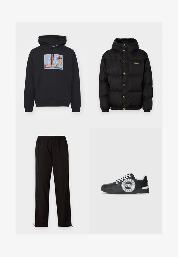 Czarna kurtka puchowa z kapturem, z złotymi guzikami i logo 'VERSACE' w złocie. Teksturowany, izolowany materiał oraz elastyczne mankiety.; Czarna bluza z kapturem z przednią kieszenią, zdobiona kolorową grafiką dwóch klasycznych postaci oraz akcentami kwiatowymi. Materiał z mieszanki bawełny.; Czarne, lekkie spodnie z elastycznym paskiem w talii, z zapięciem na sznurek i zamkami błyskawicznymi przy nogawkach dla regulowanego dopasowania. Gładka, stylowa tekstura.; Czarne skórzane sneakersy z białymi akcentami, okrągłe detale z logo, perforowany czubek oraz kontrastowa podeszwa. Posiadają białe sznurówki i branding.