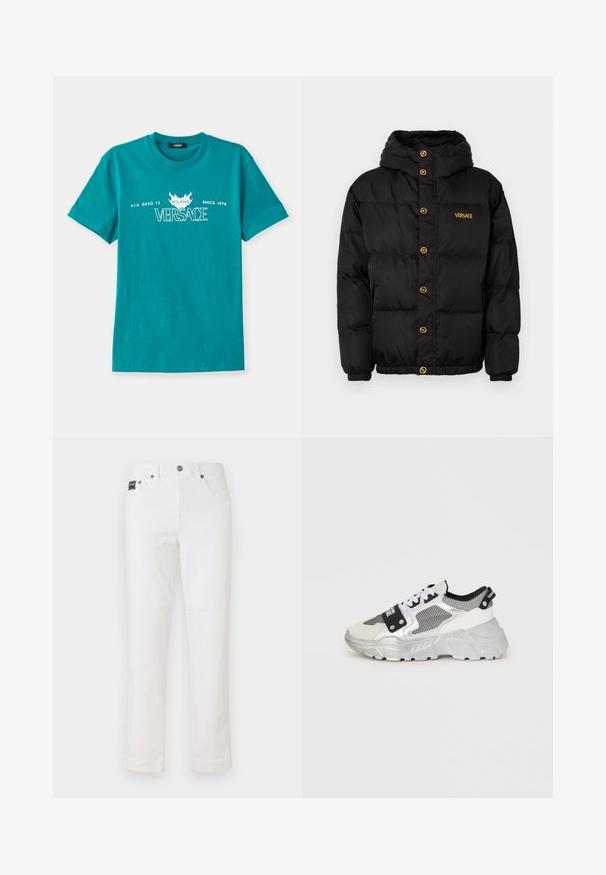 Juodas pūkinis švarkas su kapišonu, su auksiniais mygtukais ir auksine "VERSACE" logotipu. Tekstūruota, šilta medžiaga ir elastingi rankogaliai.; Žydras medvilninis marškinėliai su apvaliu kaklu, trumpomis rankovėmis ir baltu spaudu, kuriame yra "VERSACE" ir dekoratyvi ugnies motyvas.; Balti džinsai su tiesiu kirpimu, penkių kišenių dizainu, mygtuko užsegimu ir mažu prekės ženklo žymėjimu ties juosmeniu. Lygus tekstūra.; Stambūs sportbačiai su balta ir sidabrine spalvų palete. Yra tinkliniai intarpai, juodi akcentai ir balti raišteliai. Grubus padas su iškilniu raštu.